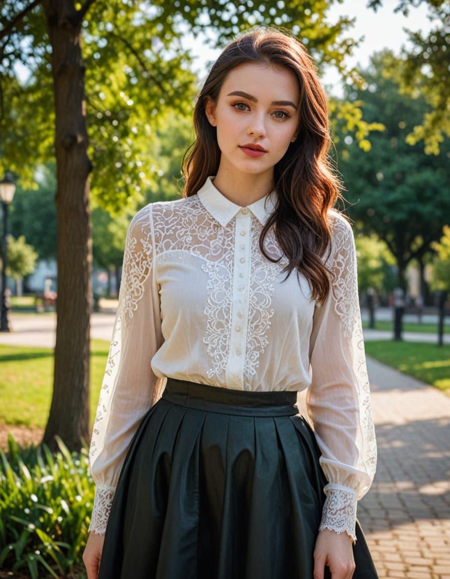 Hyperrealistic Portrait of a Woman in a Modern Park