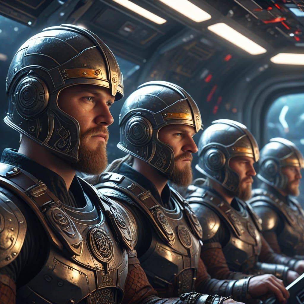 Vikings Aboard a Futuristic Spaceship in Digital Painting St...
