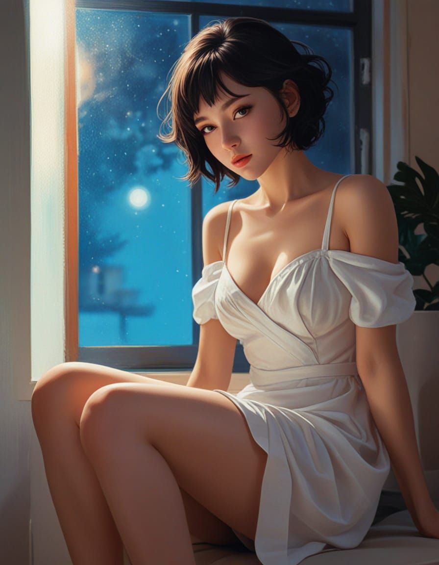 Anime Woman in White Dress with Luminous Lighting