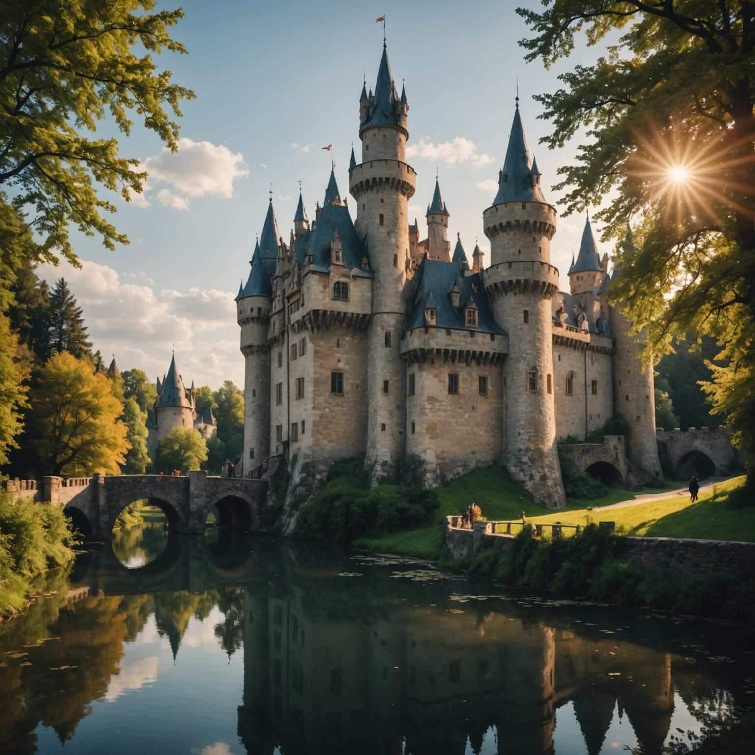 Fairytale Castle with Dragon and Moat in Renaissance Style