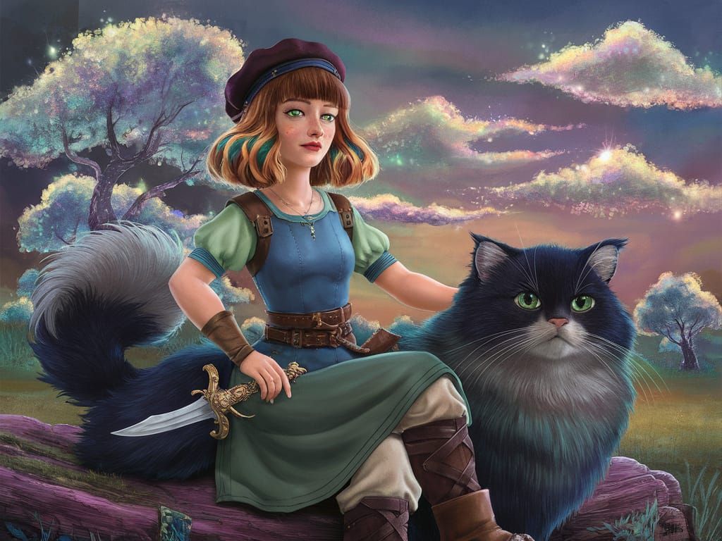 Anime Woman on Cat in Ghibli-Inspired Landscape