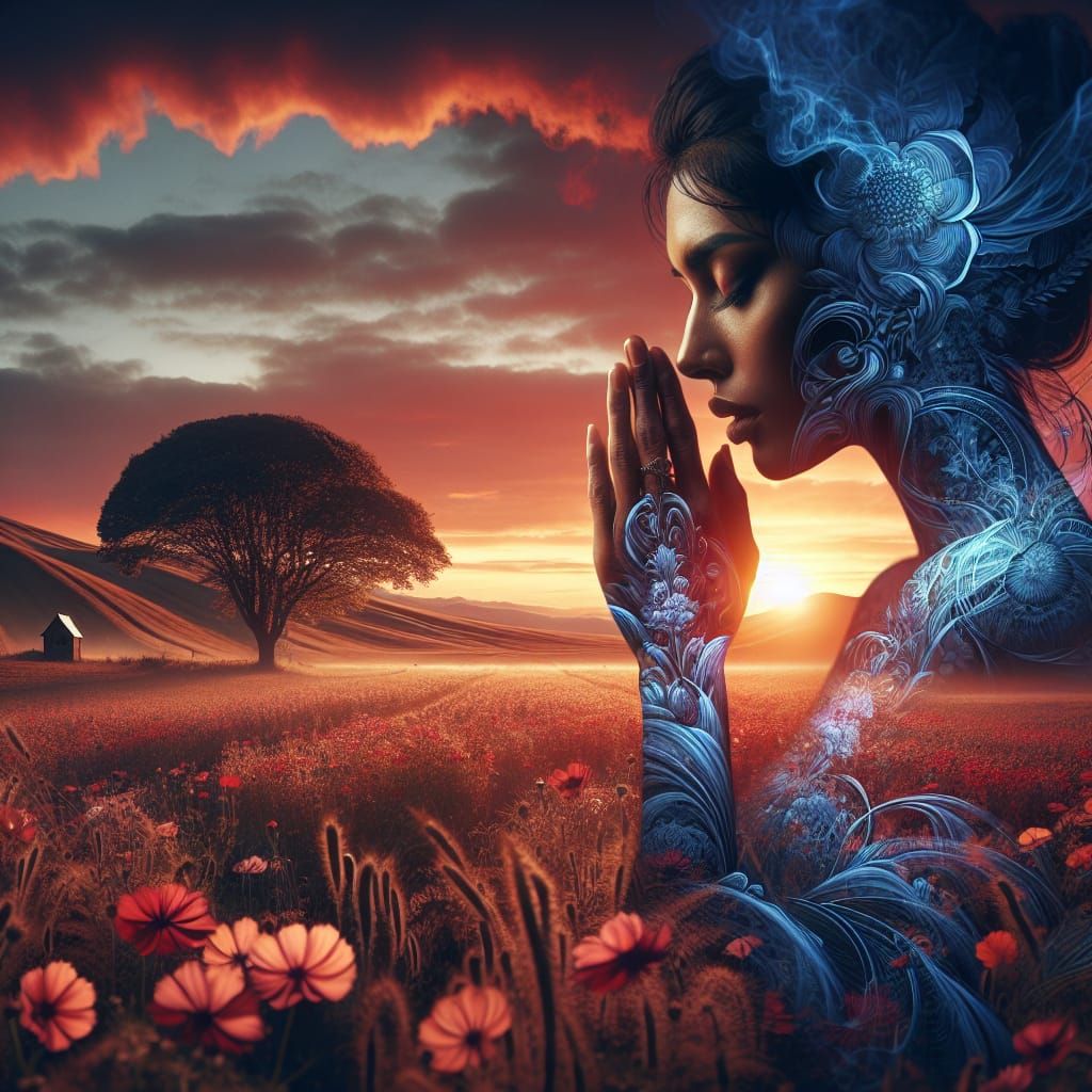 Sunset Prayer: Hyper-Realistic Double Exposure in 16K