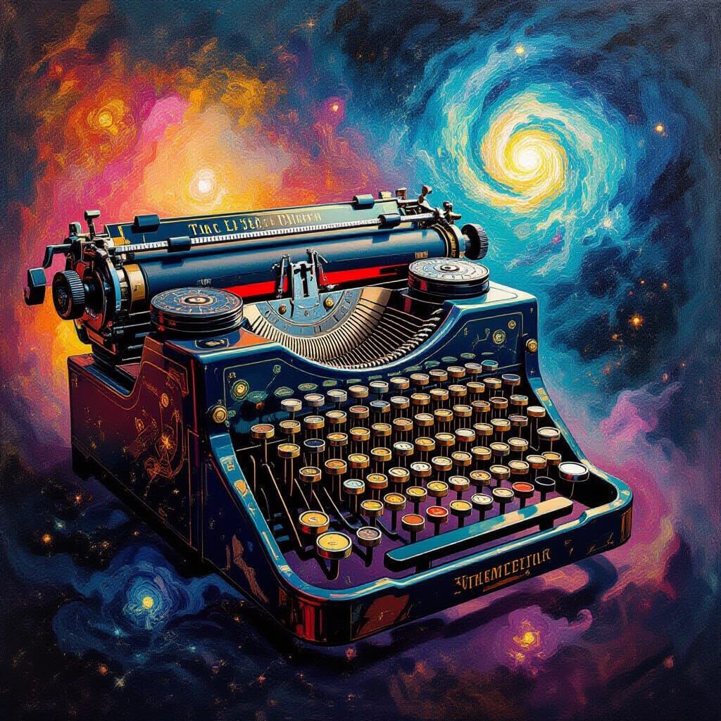 Cosmic Typewriter in Nebula, Geometric Fauvism Style