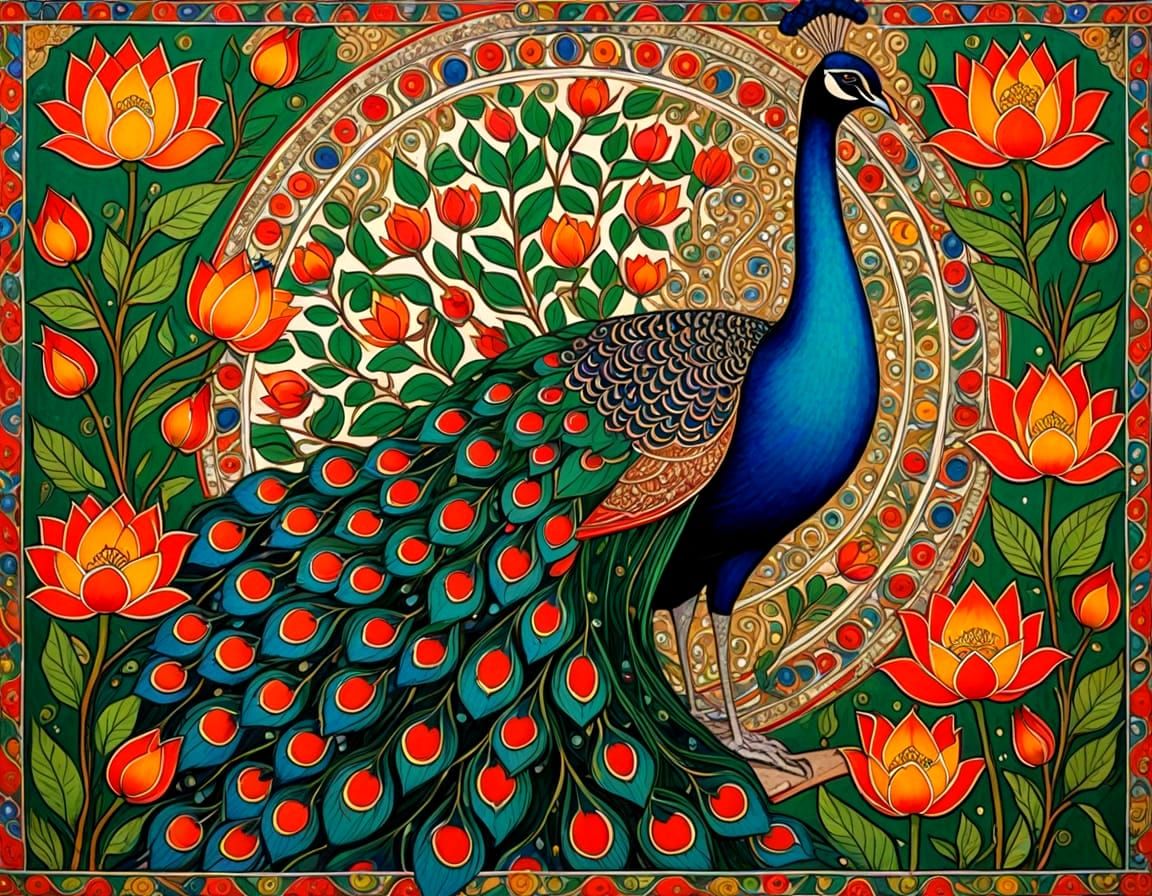Peacock and Lotus in Madhubani Style, Inspired by Klimt