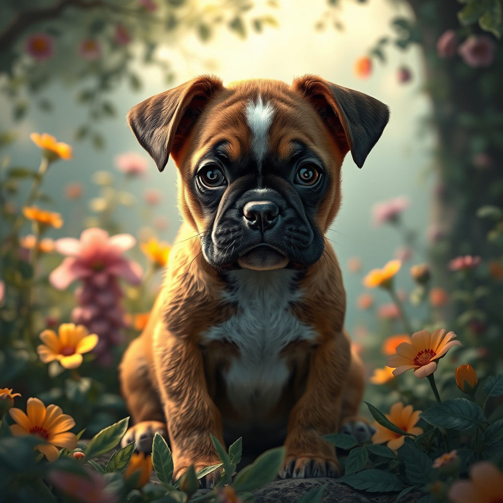 Adorable Boxer Puppy in Dreamlike Fantasy Landscape