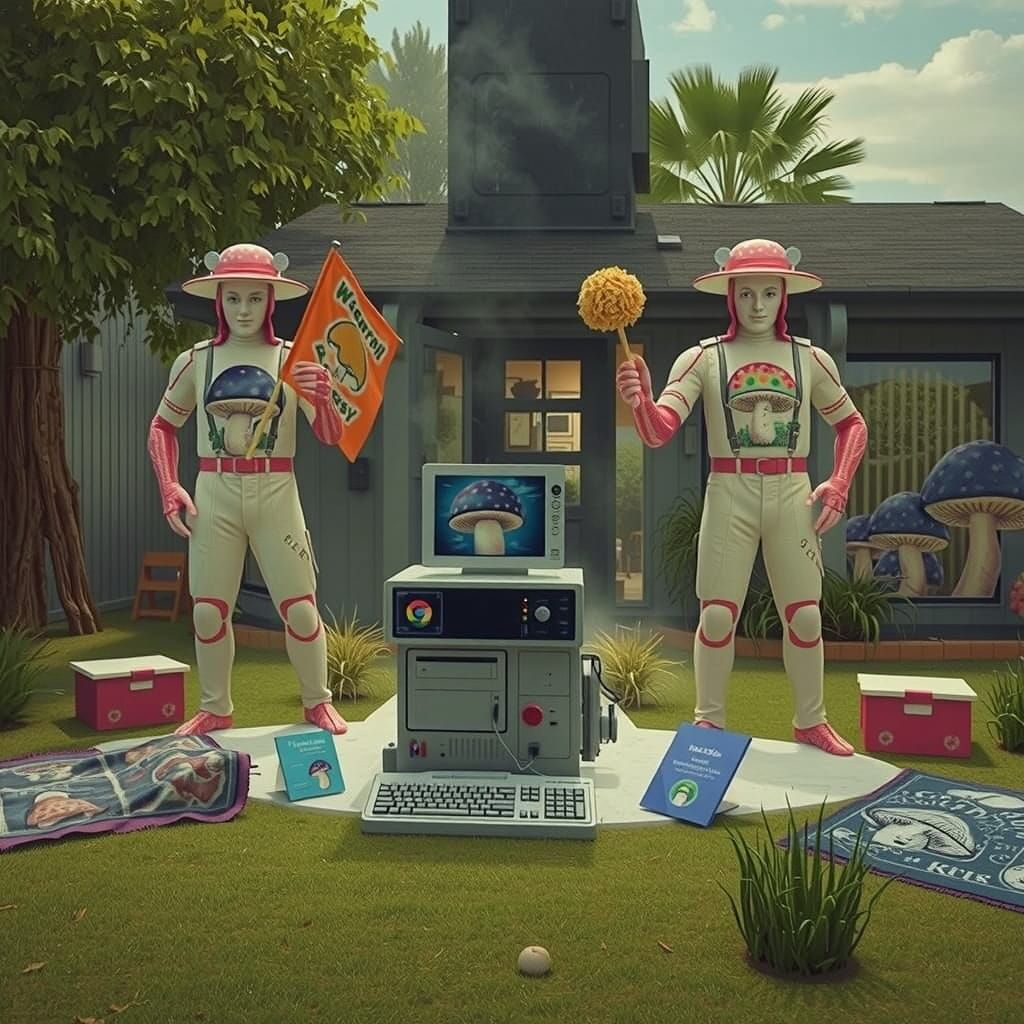 Renaissance Computer with Mushroom Flags in Noir Style