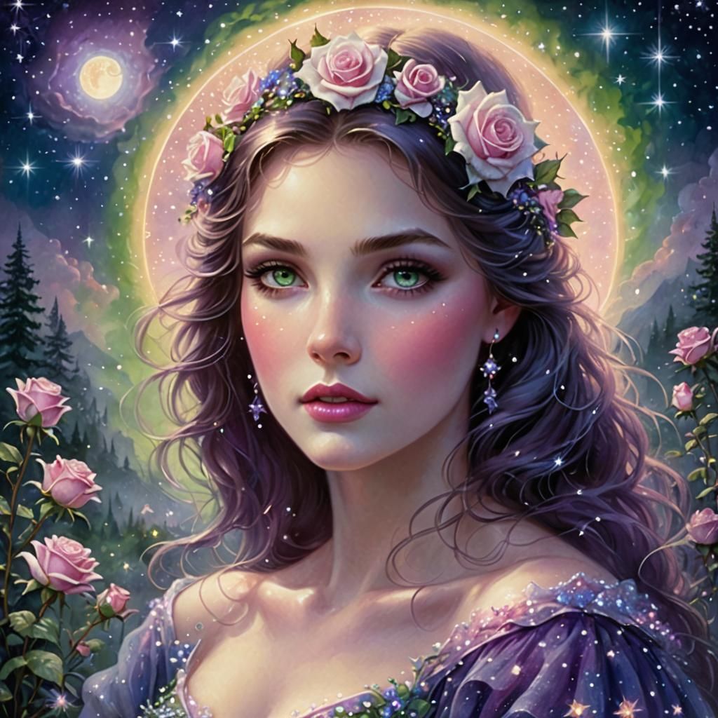 Ethereal Woman with Rose Halo and Crystal Background