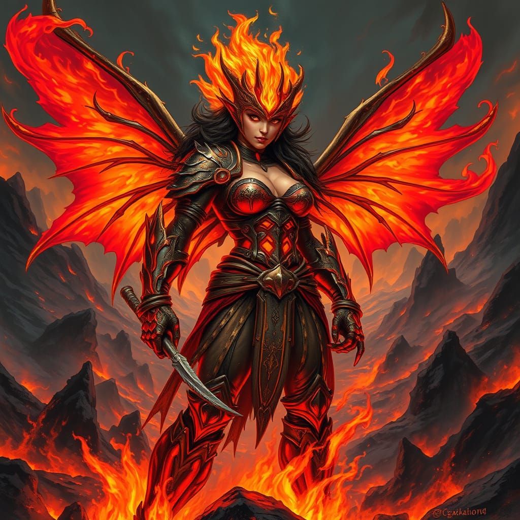 Fire Fairy Warrior in Volcanic Hellscape, Fantasy Art