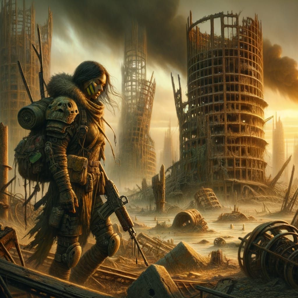 Post-Apocalyptic Scavenger Amidst Wasteland Ruins