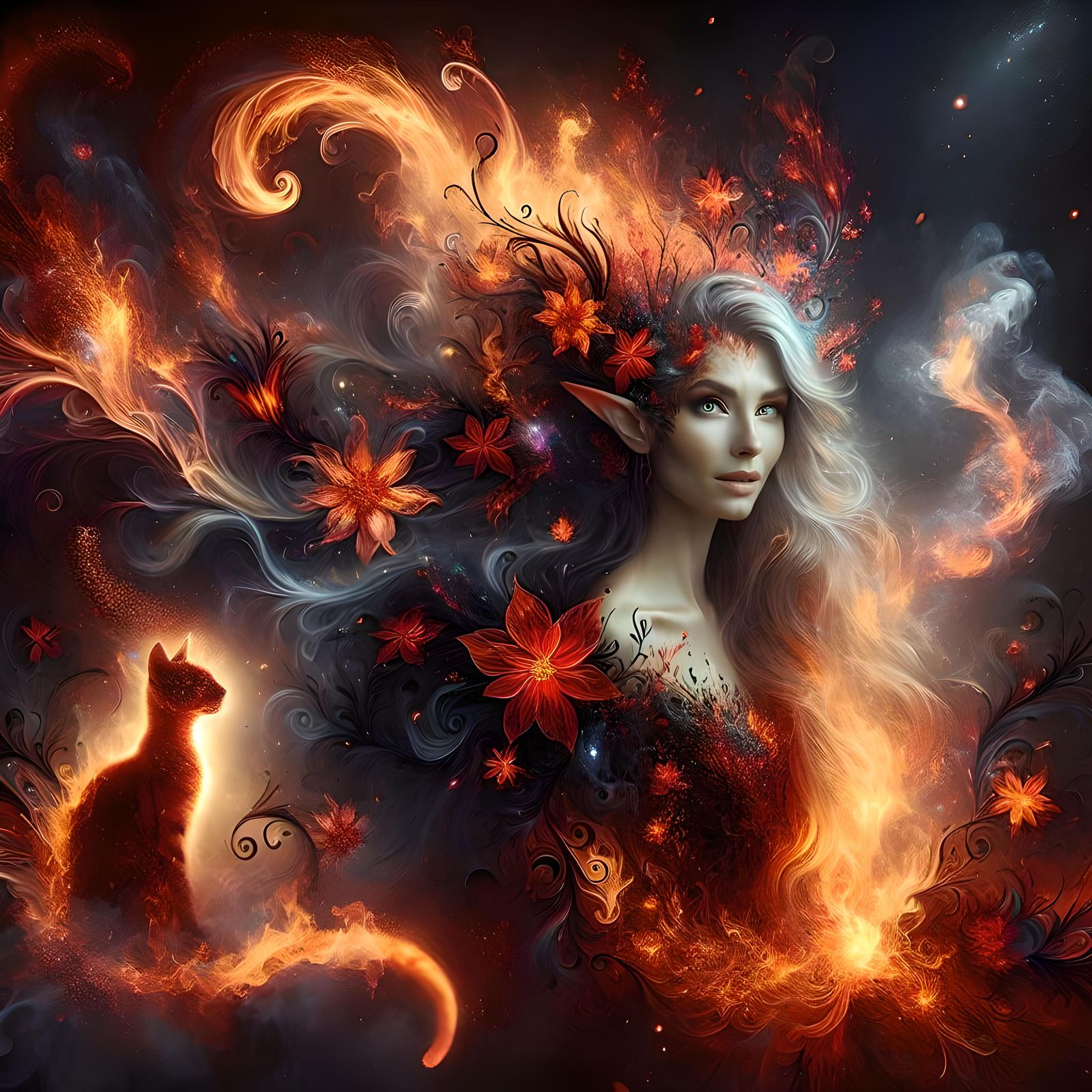Fire Elf with Feline Companion in Floral Flames