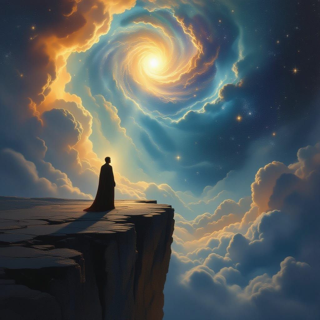 Figure at Glowing Precipice Under Celestial Light