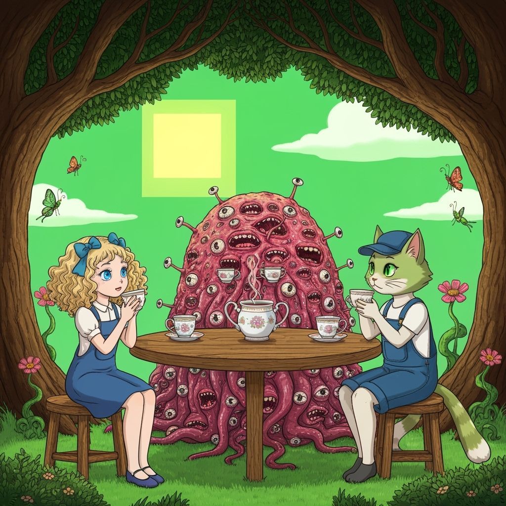 Whimsical Tea Party with Alien Under a Square Sun
