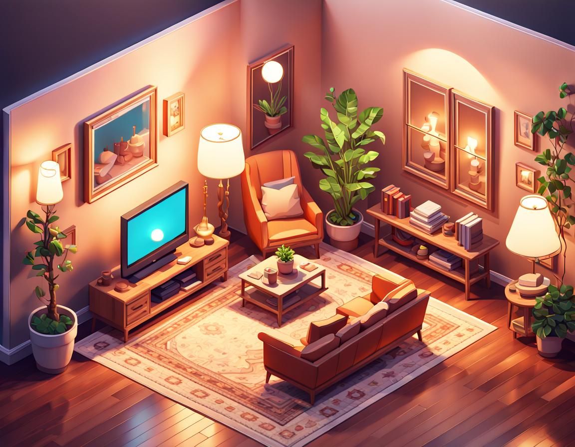 Detailed Isometric Living Room with Pixel Art Influence