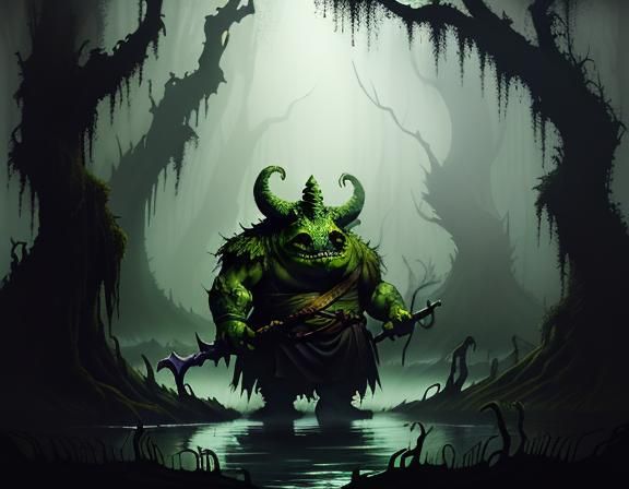 Bullywug in Murky Swamp: Dark Fantasy Illustration