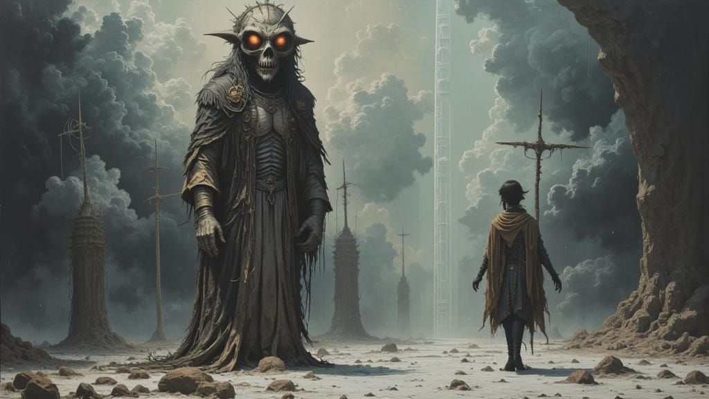 Grotesque Monster in Eerie Landscape, Surreal Art