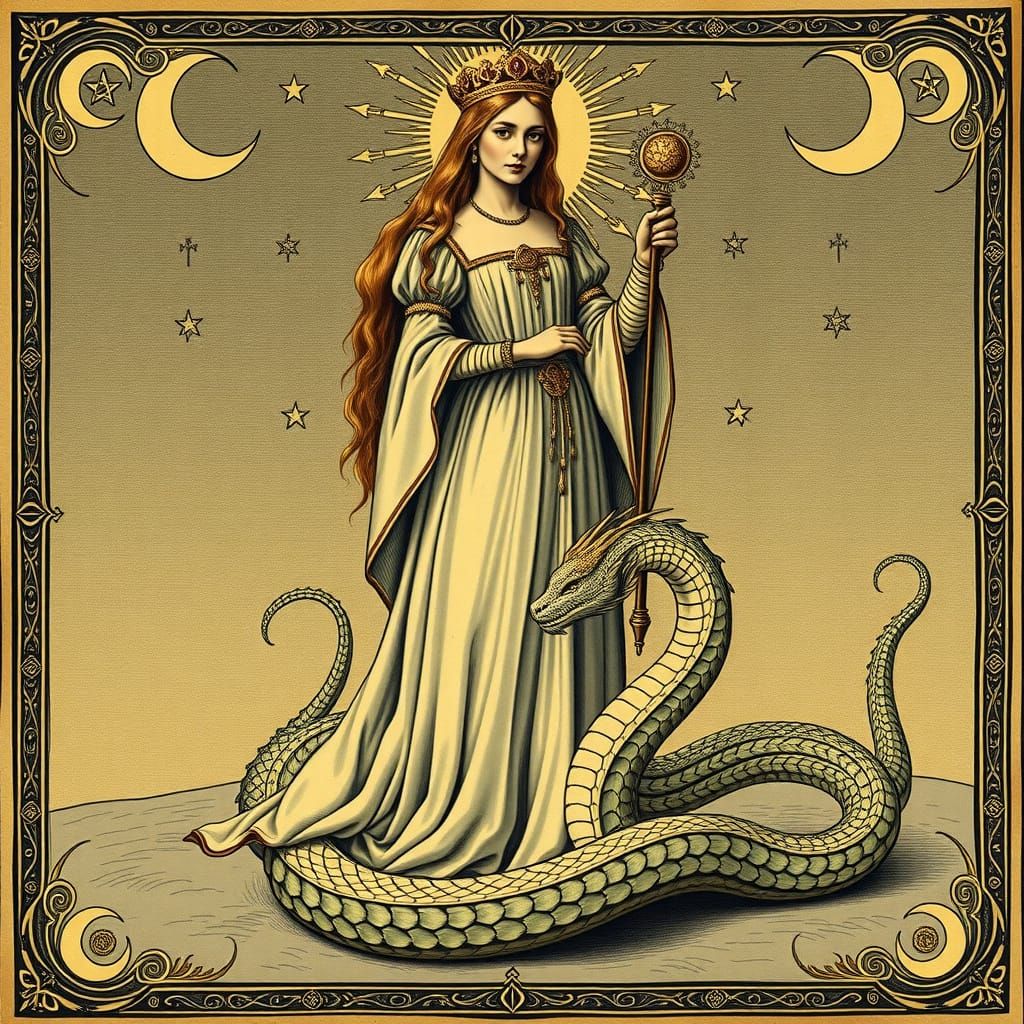 Majestic Queen on Flat Earth in Ancient Engraving Style