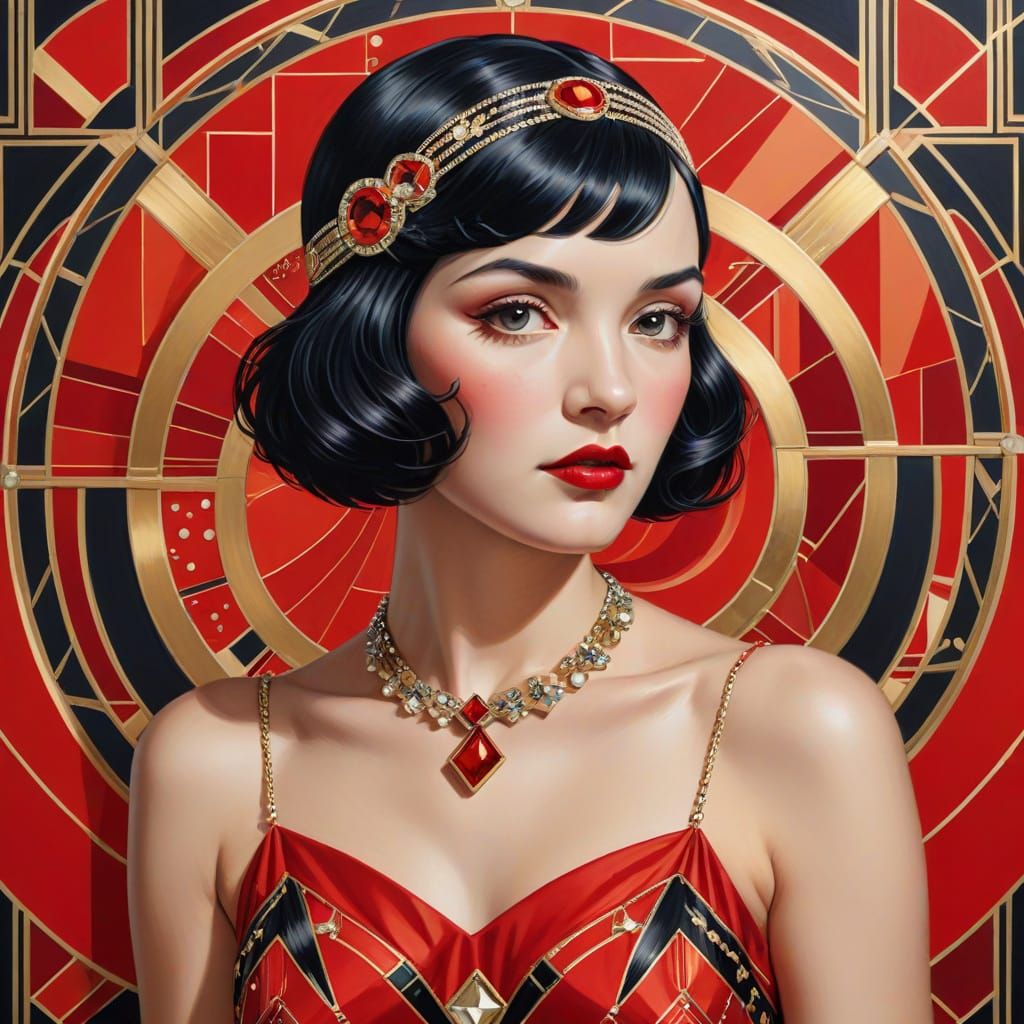 Art Deco Flapper Portrait with Gold Accents