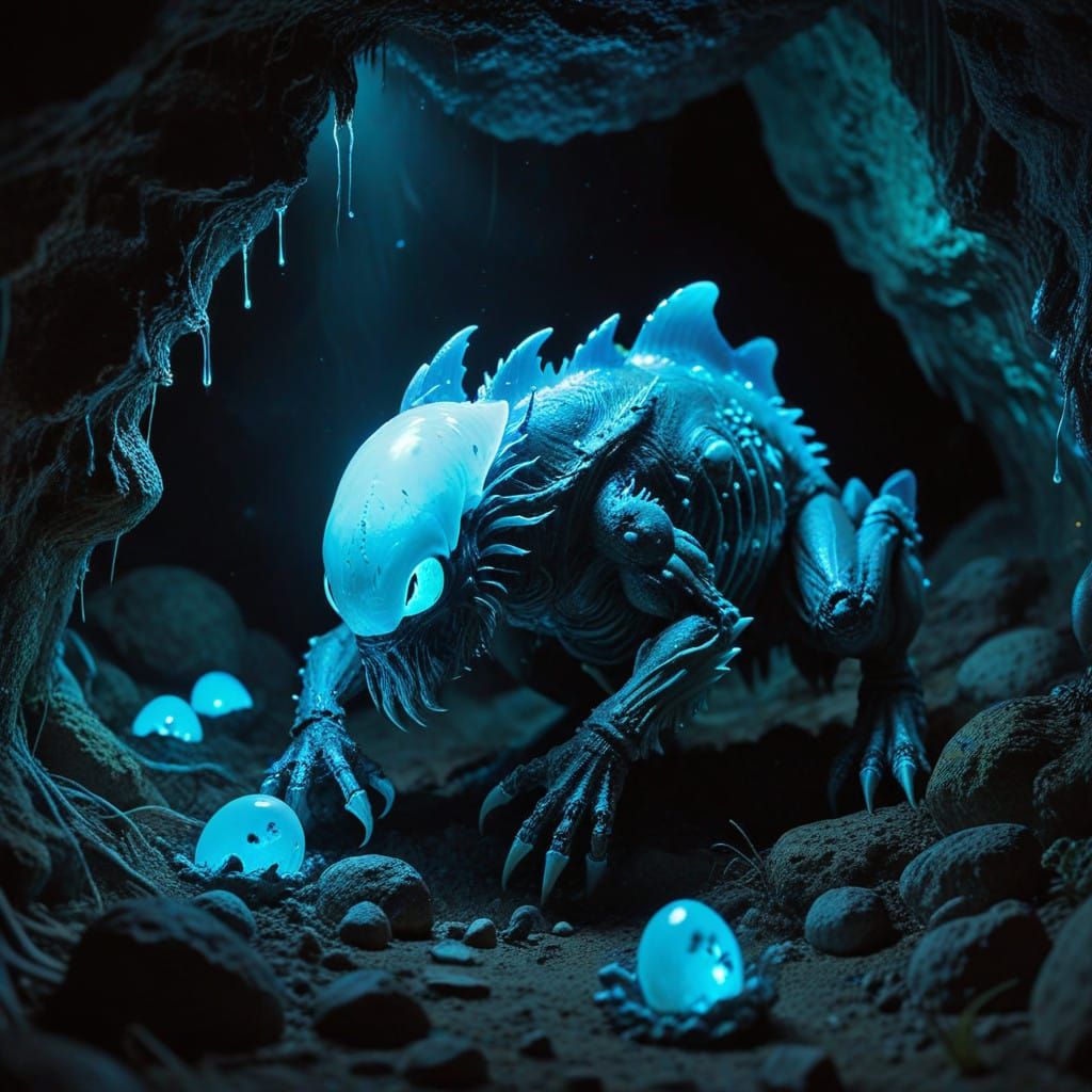 Bioluminescent Cave Creature Tending Glowing Eggs