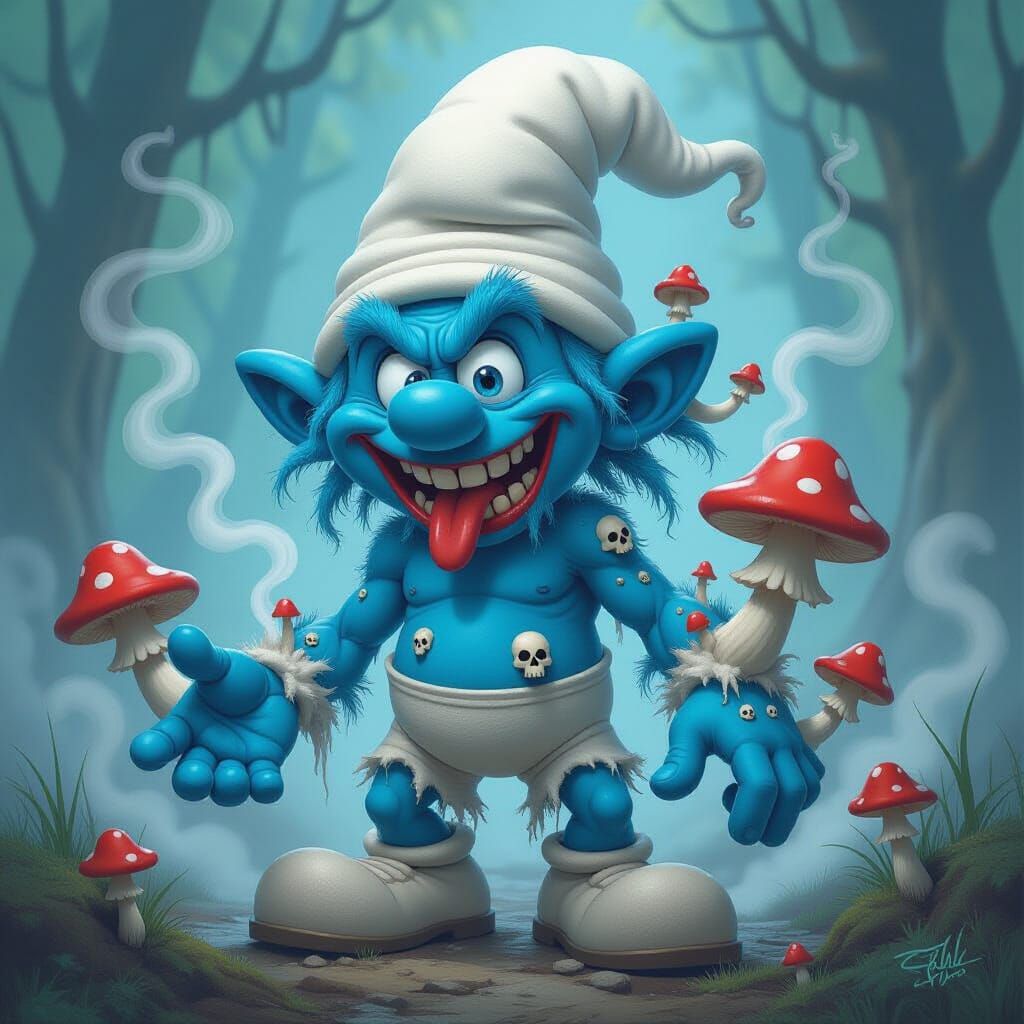 Grotesque Smurf in Surrealist Horror Style