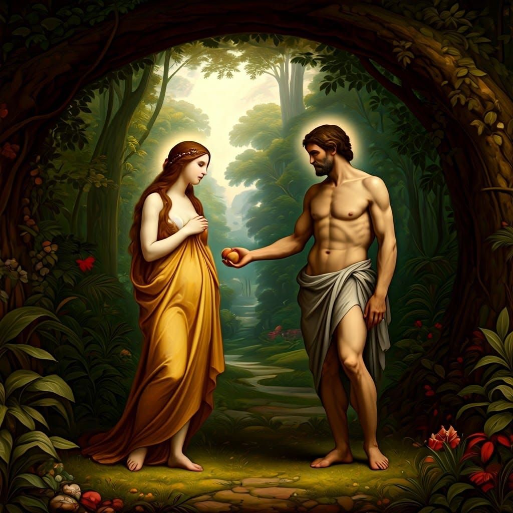 Eve Offers the Forbidden Fruit in a Serene Garden of Eden
