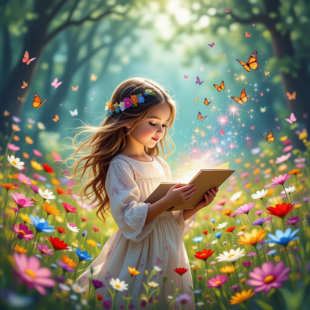 Girl in Magical Flower Field with Butterflies