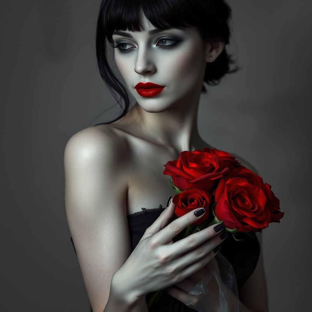 Monochromatic Woman in Red Lipstick and Roses