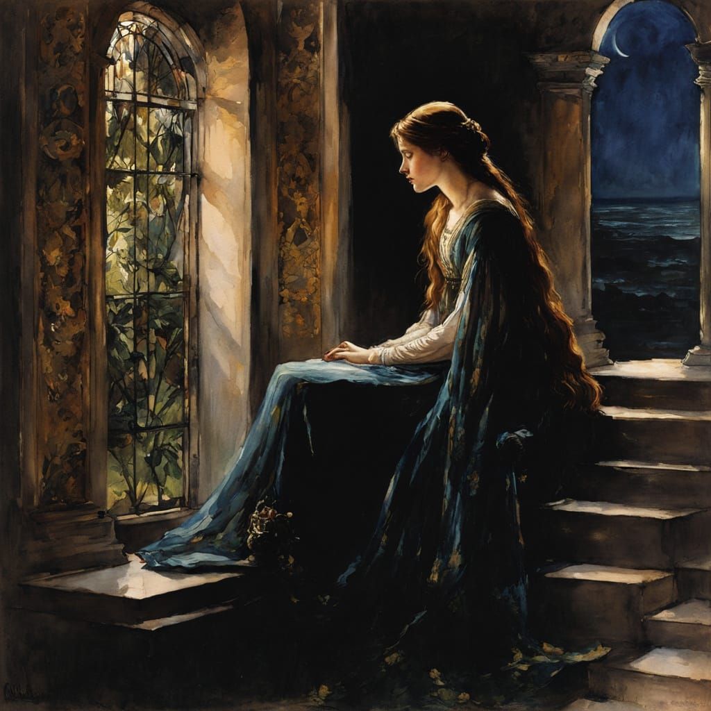 Captive Princess in Chiaroscuro Watercolor