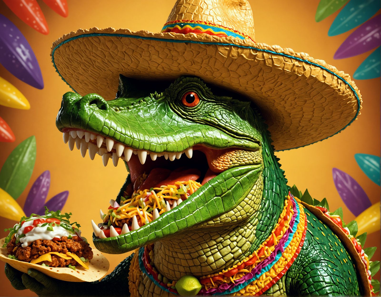 Adorable Tacodile with Sombrero Holding a Taco