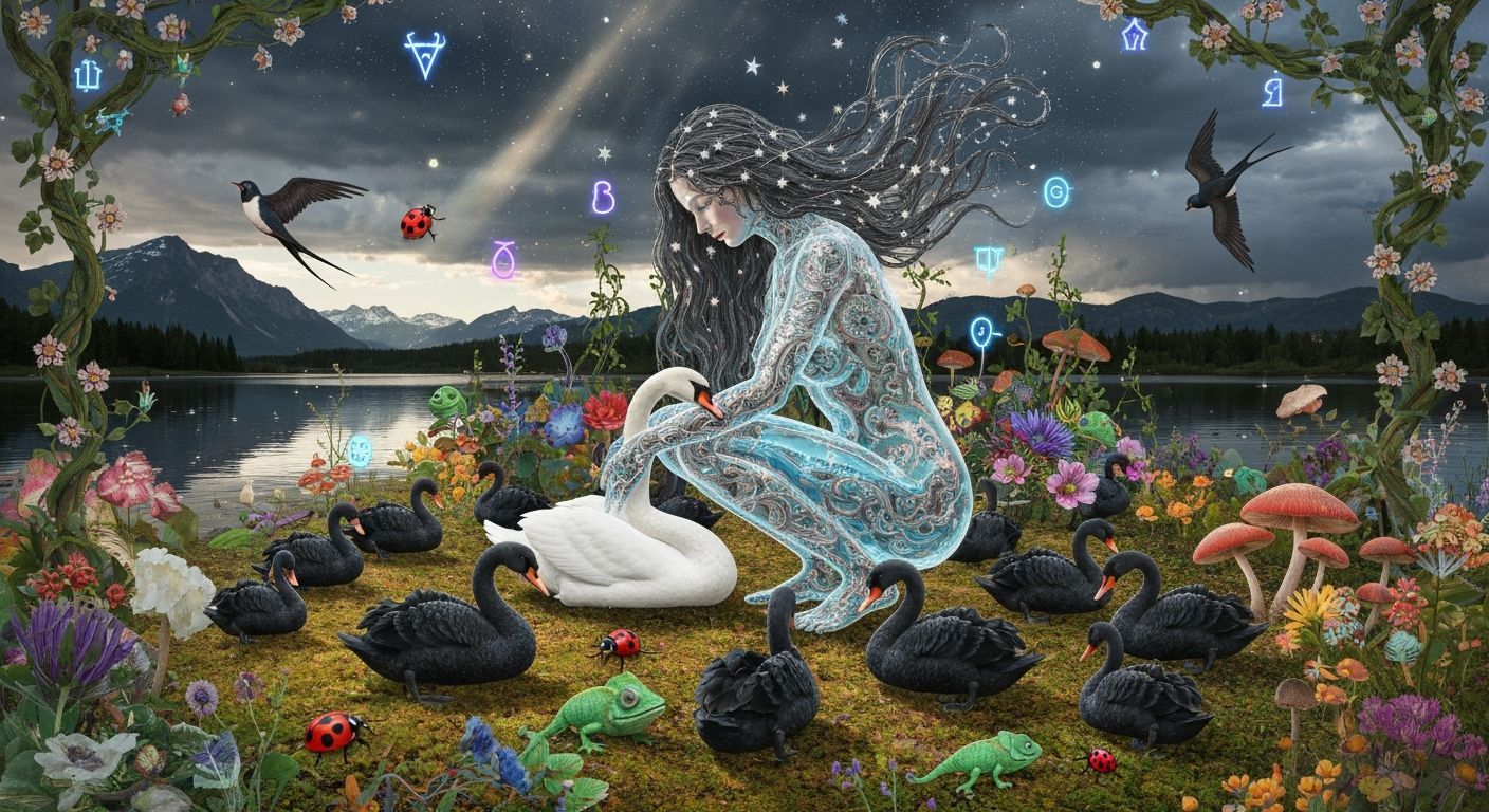 Fragmented Sculpture of Woman and Swans in Cosmic Surrealism