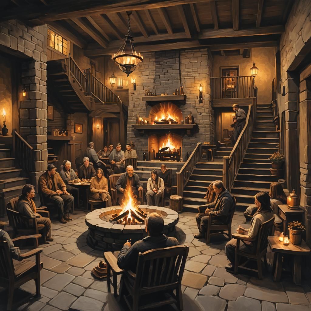 Warm Fantasy Tavern Interior in Charcoal Style