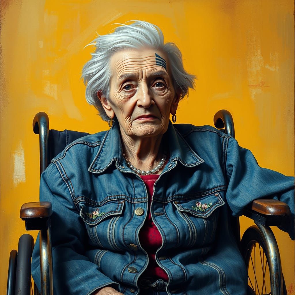 Elderly Woman with Tattooed Face in Vintage Wheelchair