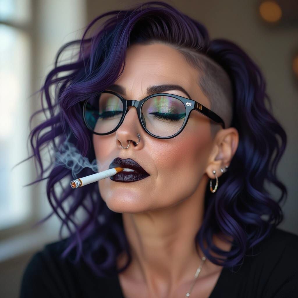 Photorealistic Portrait of Woman with Blue Purple Hair and G...