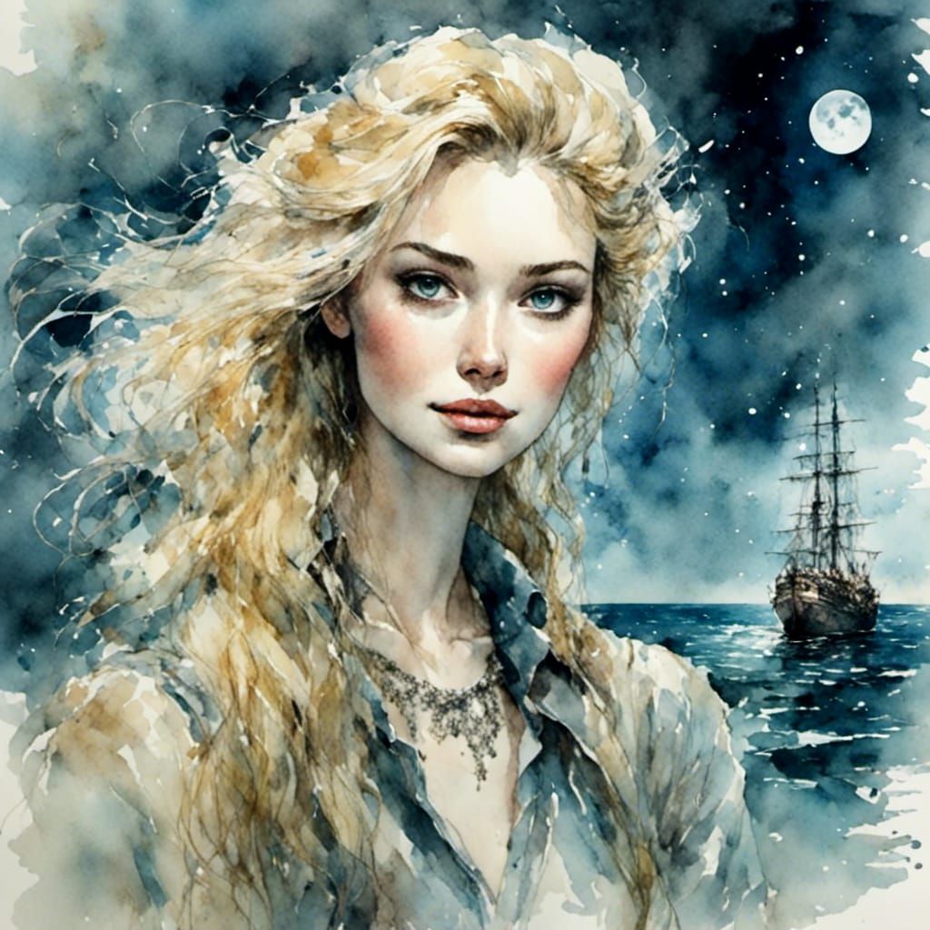 Romantic Blonde on Ship at Sea: Watercolor Portrait