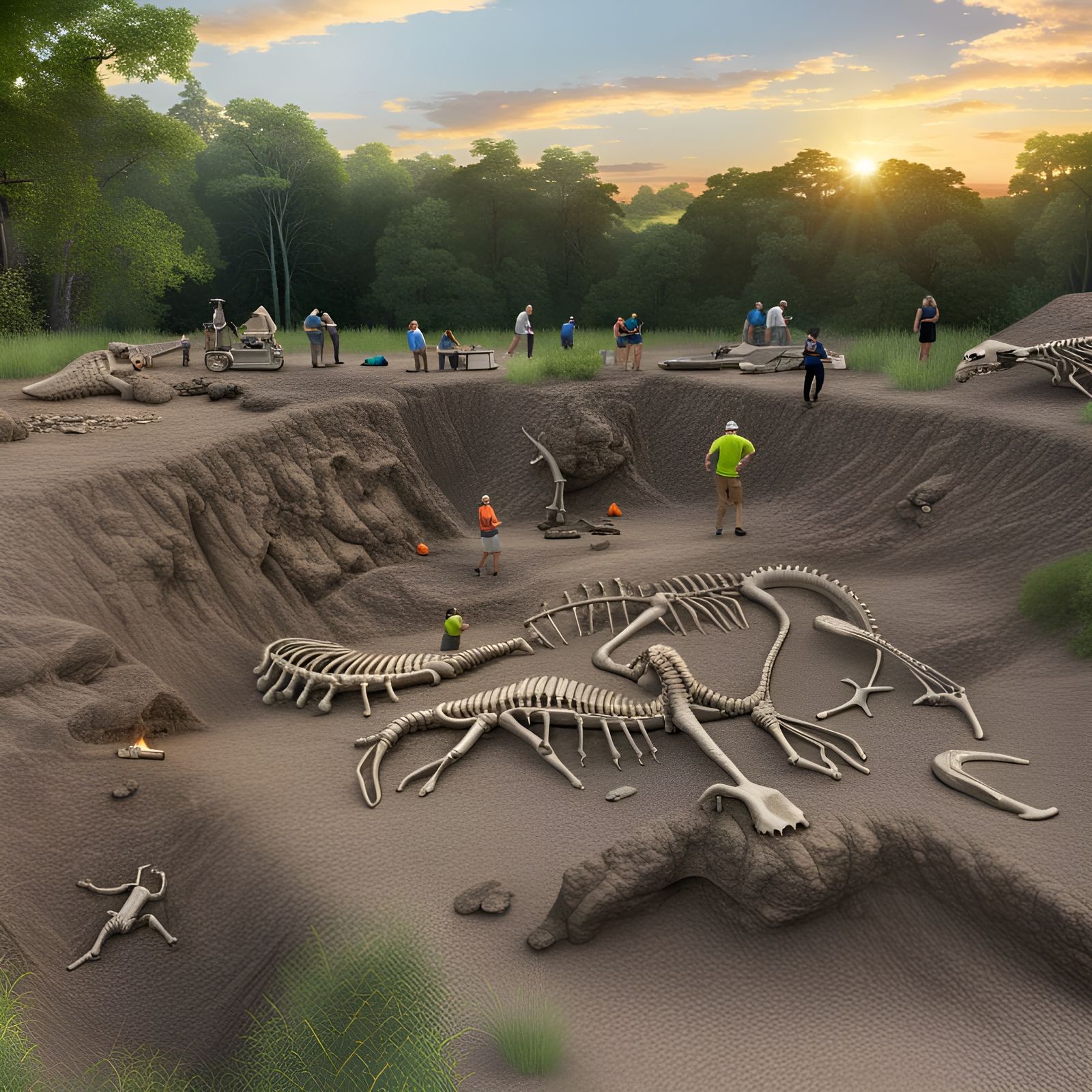 Dinosaur Skeleton Excavation at Sunset