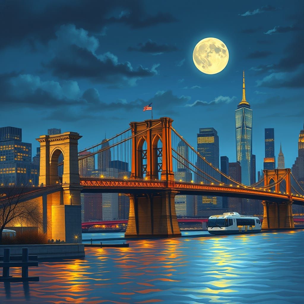 Brooklyn Bridge at Night: Manhattan Skyline in Golden Light