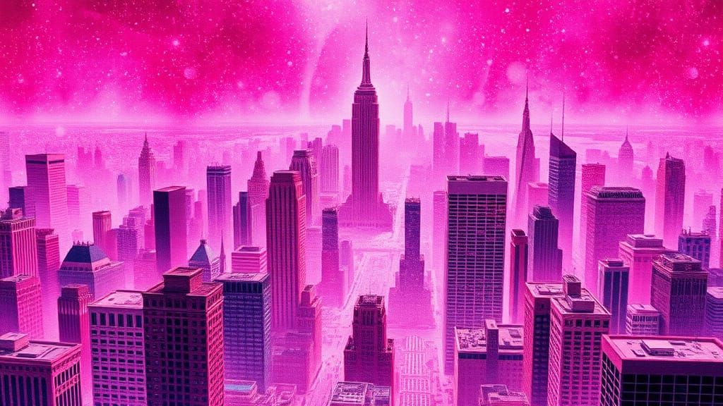 Pink Holographic New York Cityscape in Astral Style