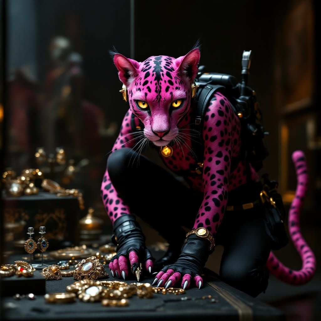 Sleek Pink Panther Thief Crouches Beside Museum Display
