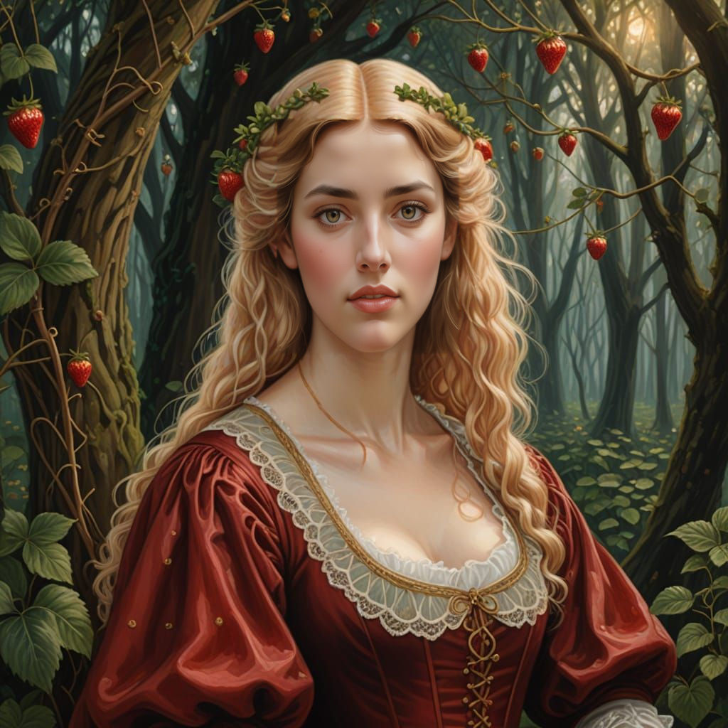 Enchanted Strawberry Grove: Pre-Raphaelite Portrait