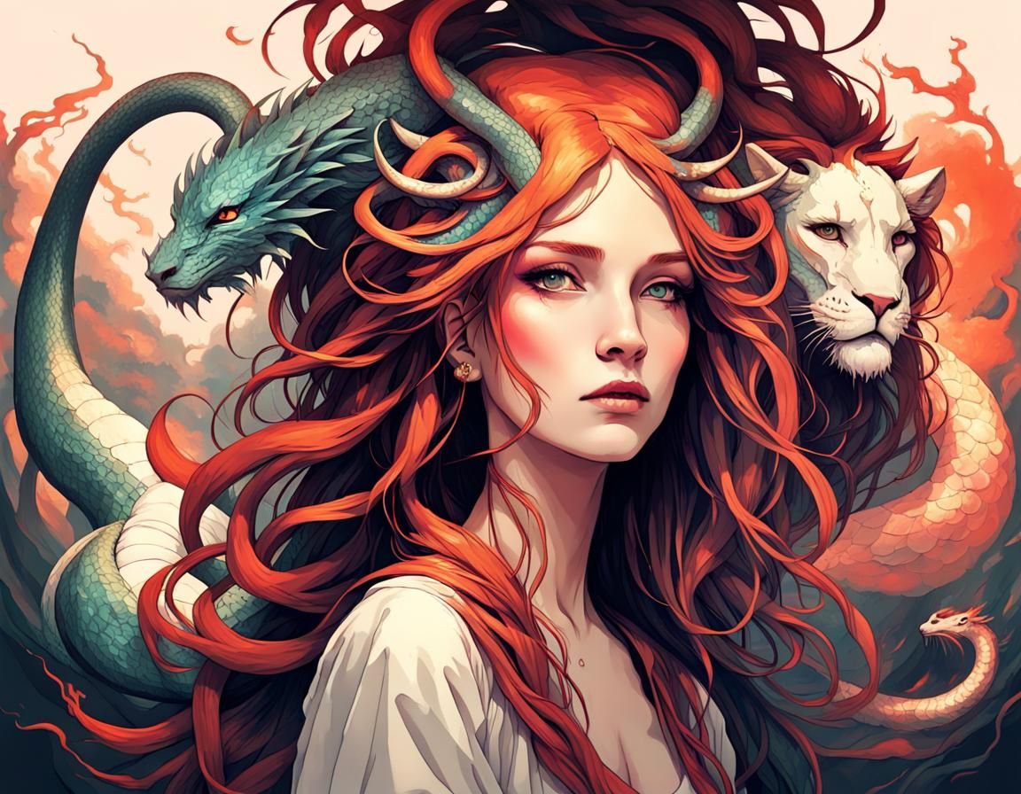 Mythical Creature Portrait in Glitchcore Bauhaus Style