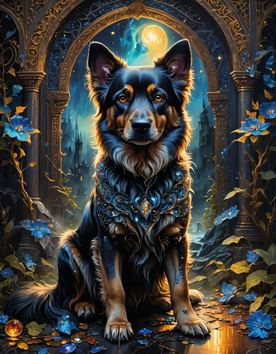 Mystic Dog Oil Painting with Glimmering Details