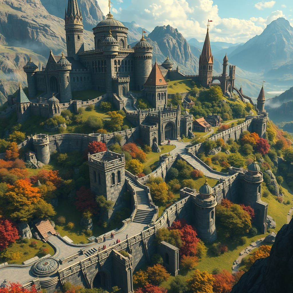 Majestic Medieval Futuristic Kingdom Amidst Lush Landscape