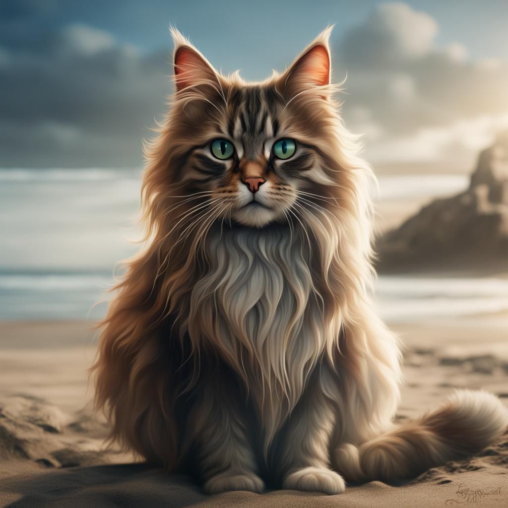 Longhaired Cat Enjoying Beach in Detailed Matte Painting