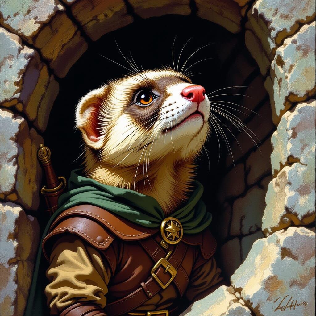 Ferret Adventurer in Medieval Fantasy Art Style