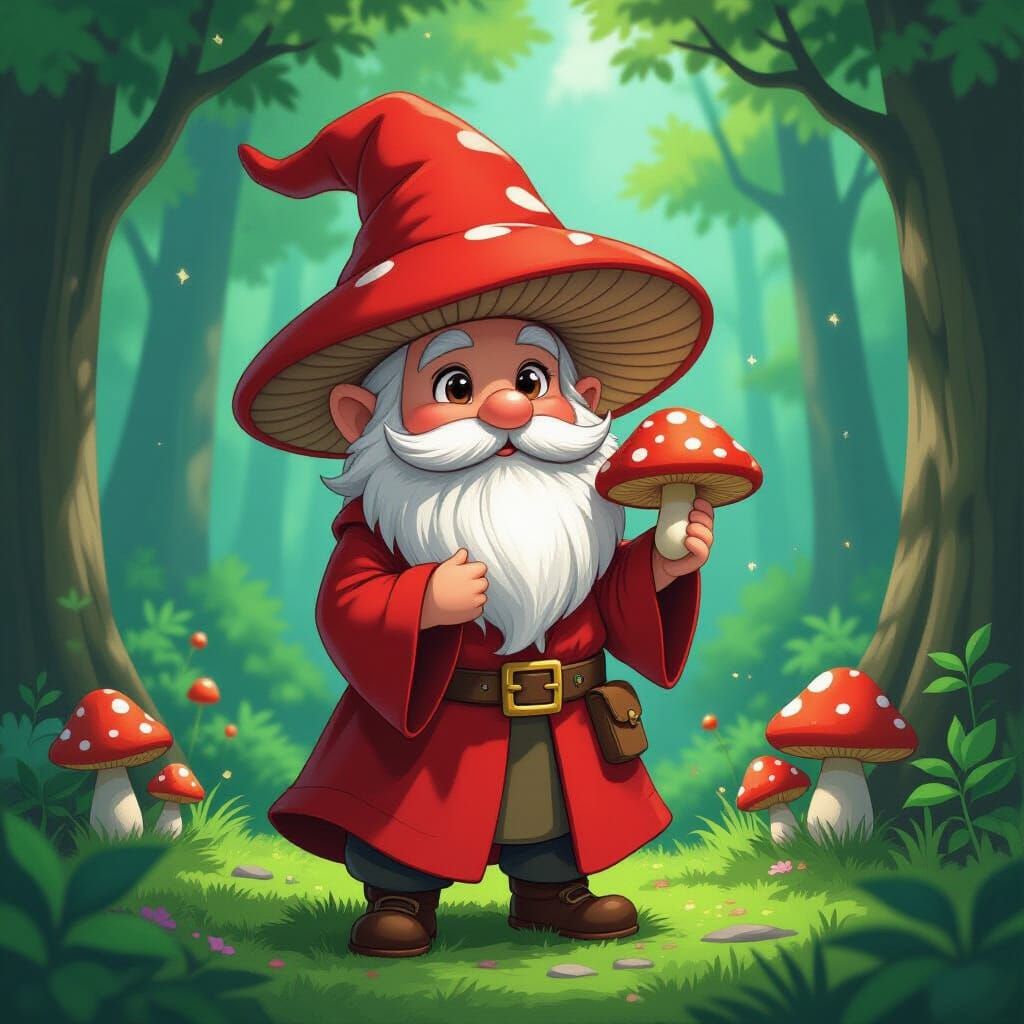 Gnome with Mushroom in Anime Style Forest