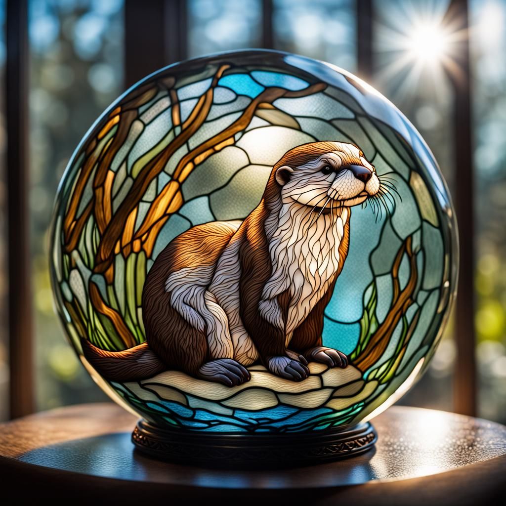 Playful Otter Stained Glass in Sunlight