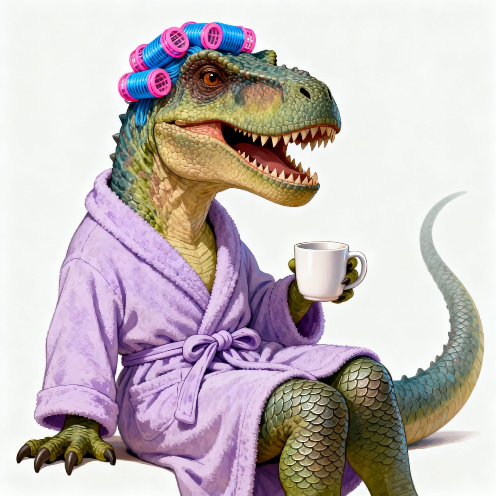 Comical T-Rex Relaxing in Bathrobe with Hair Rollers