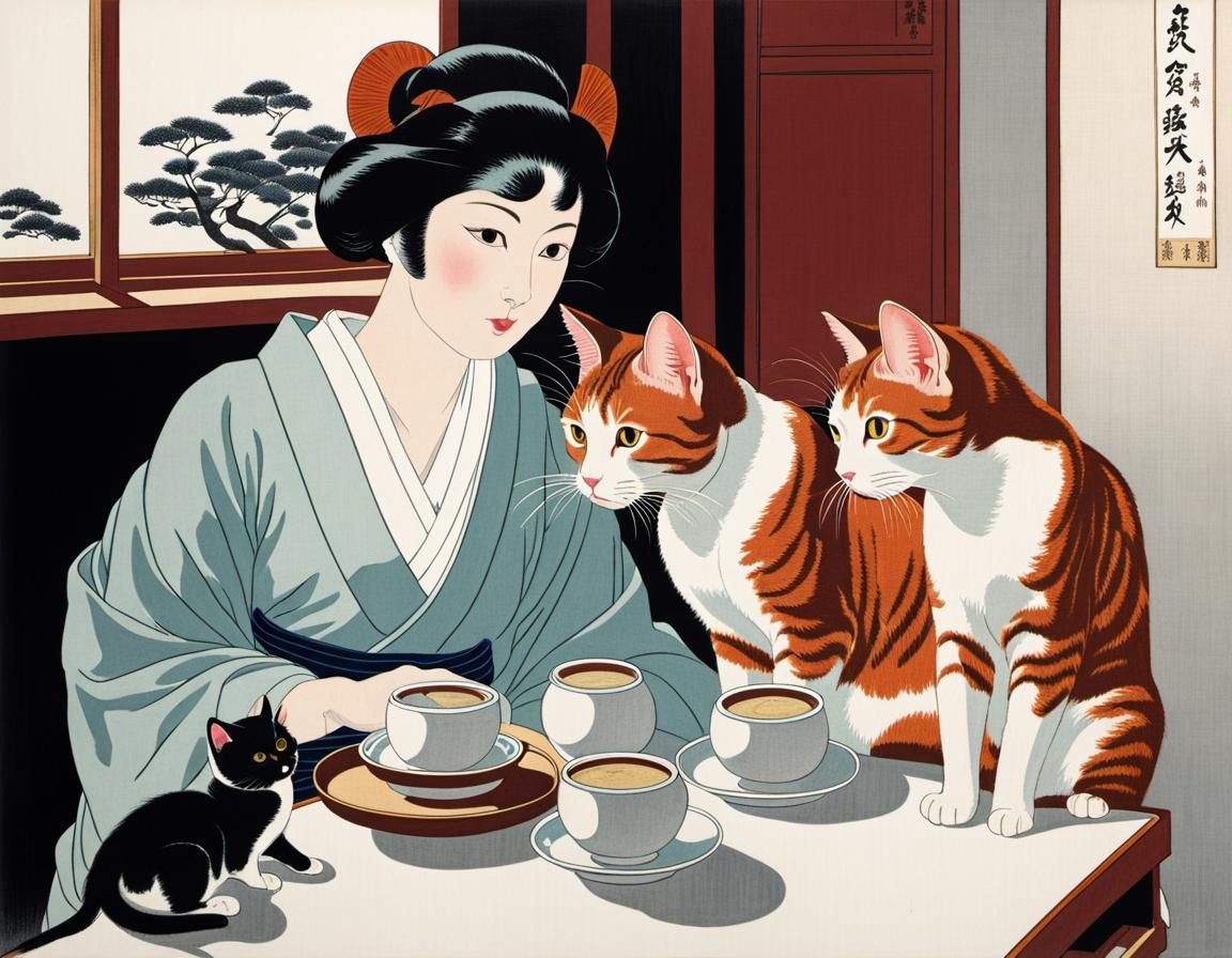 Japanese Cat Cafe in Shin-Hanga Style