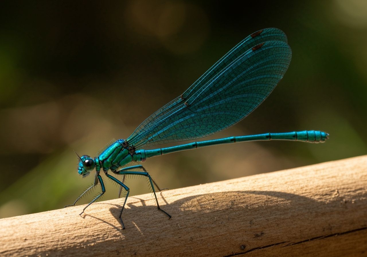 Blue-Green Damselfly on Log in Natural Sunlight