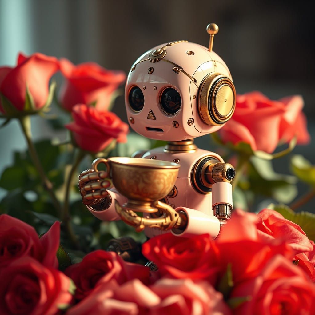 Steampunk Robot Amidst Vintage Roses