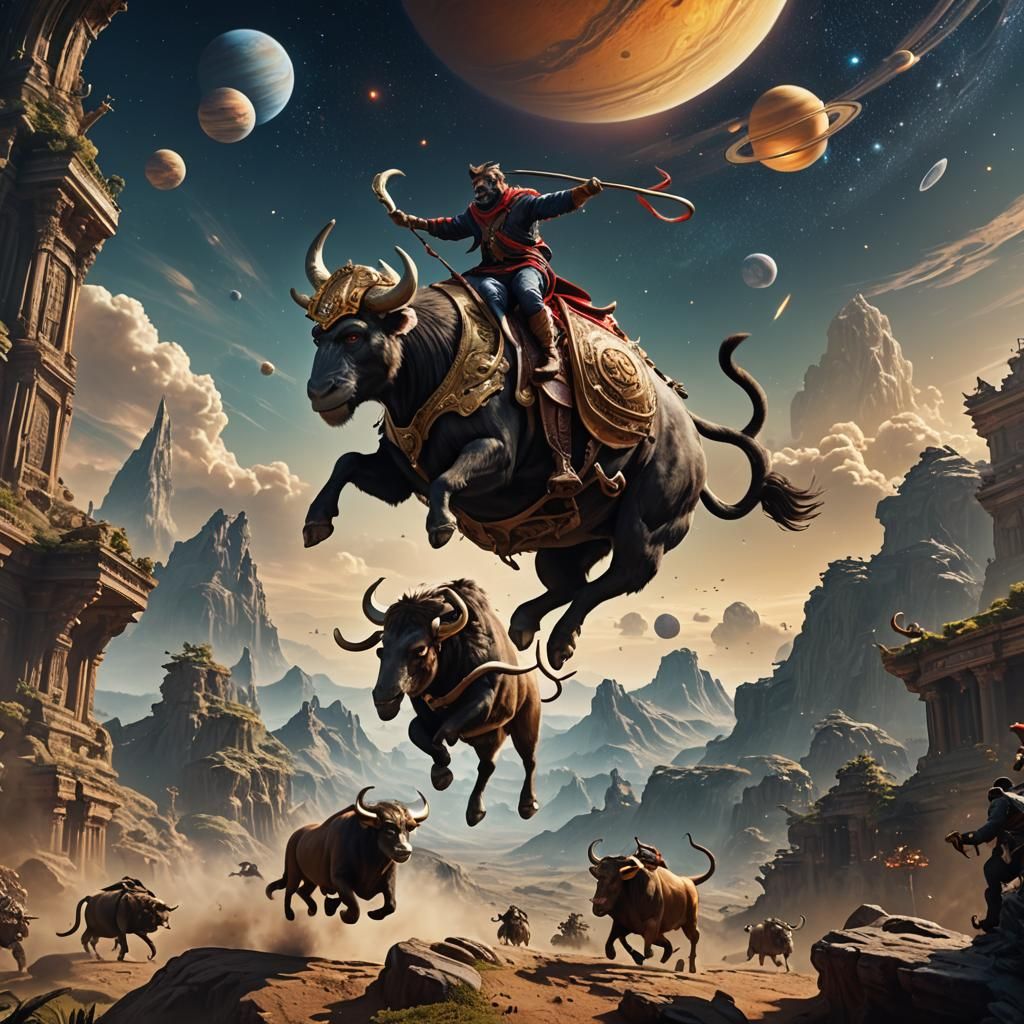 Monkey Riding Bull on Saturn in Detailed Digital Art
